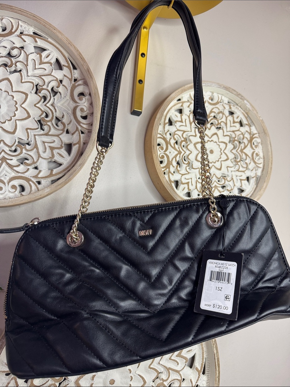 DKNY Black Quilted Shoulder Bag with Gold Chain Handles